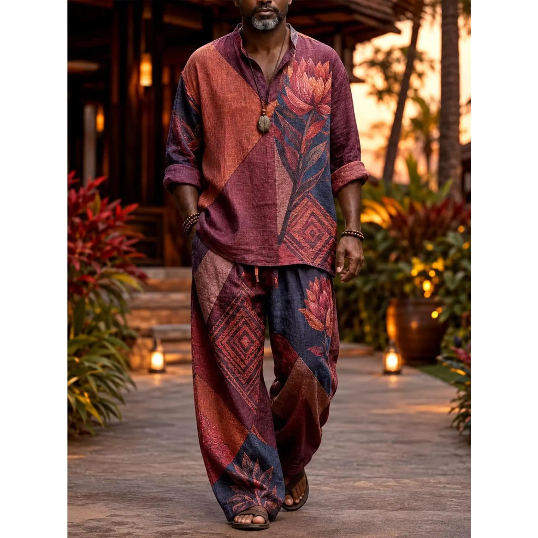 Men's Tropical Floral Ethnic Geometric Print 2 Piece Outfit, Stand Collar Half Button Shirt & Drawstring Wide Leg Pants Set, Casual Loose Boho Vacation Matching Suit