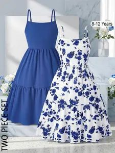 8-12 Years Girl Summer Halter Dress Set, Solid/blue Rose Print, Lightweight Breathable Fabric, Square Neck, Waist Cinch, Beach Party