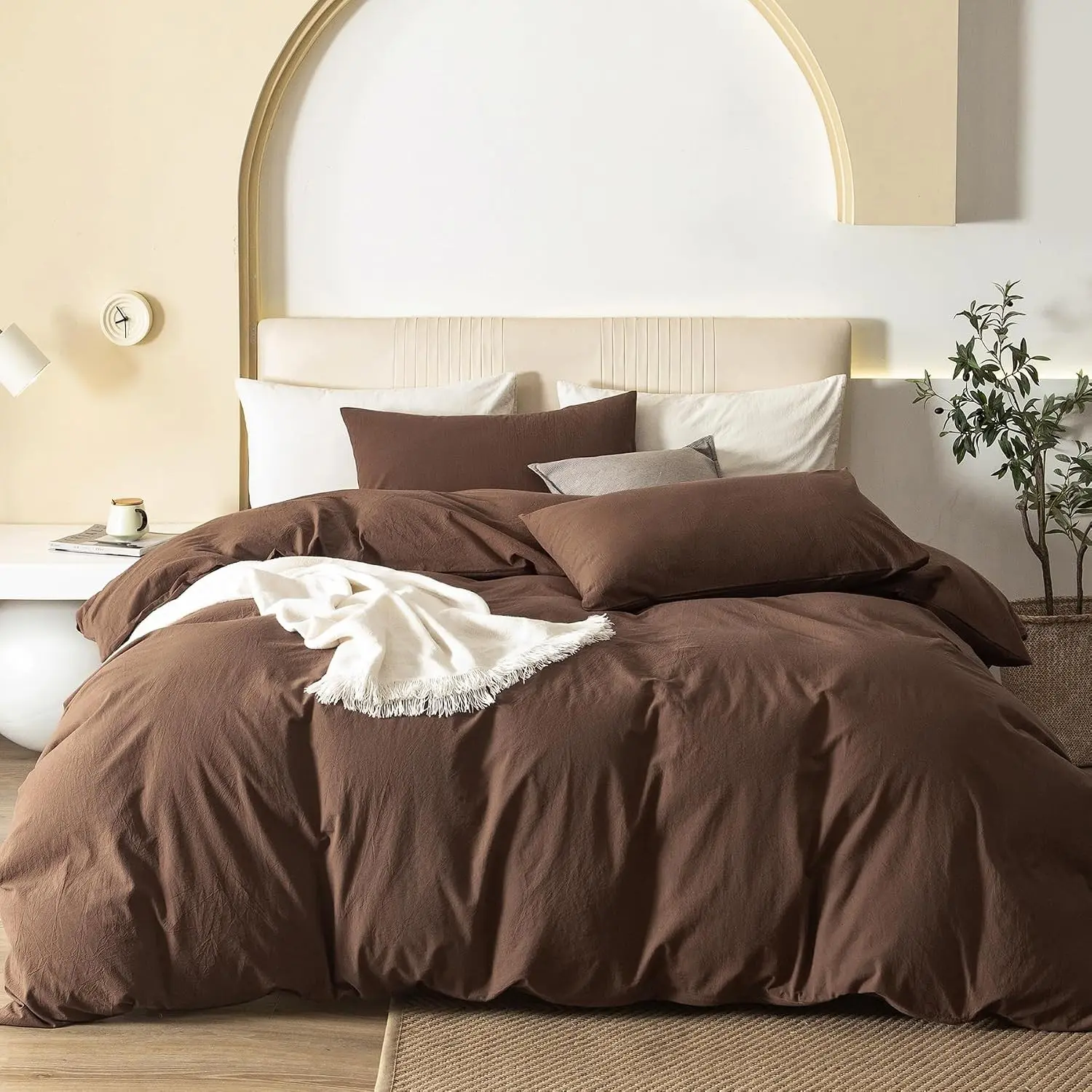 Queen Size Duvet Cover Set, 3-Piece - 100% Washed Cotton, Linen-Like Soft & Breathable with Zipper Closure, Includes 90x90 Inch Cover & 2 Pillowcases, Solid Chocolate Brown
