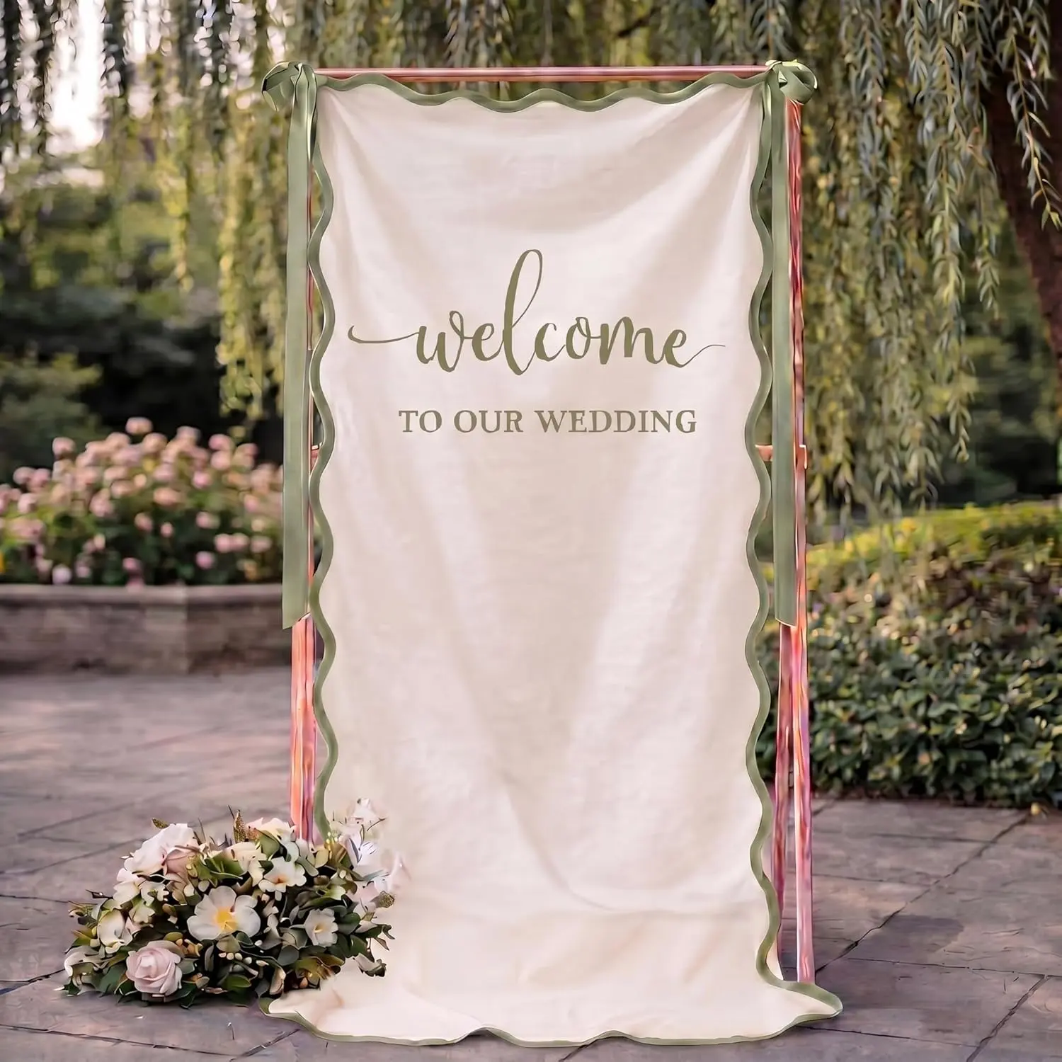 Wedding Welcome Sign with   27 x 78 Inch Welcome to Our Wedding Fabric Bridal Shower Sign with Ribbons for Engagement Bridal Shower Ceremony Reception Backdrop Decorations(Green)