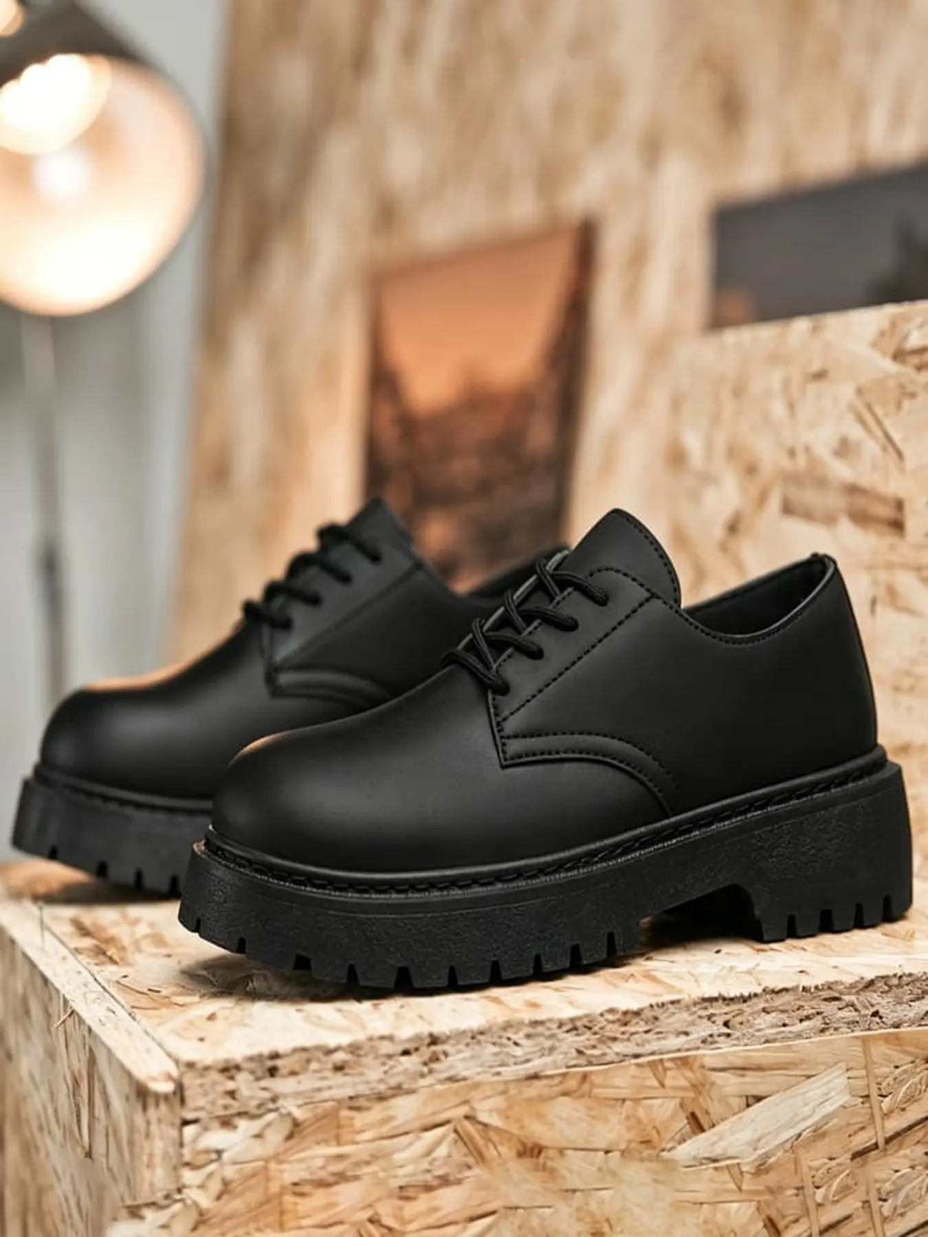 Unisex dark matte platform derby shoes, full wrap anti-collision toe textured anti-slip sole, versatile black leather shoes for students street commute