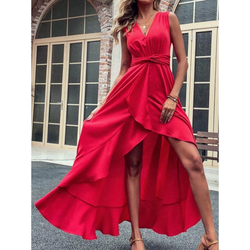 SHEIN Clasi Women's Pleated Waist High Low Hem Sleeveless Dress For New Year Clothes Maxi Women Outfit