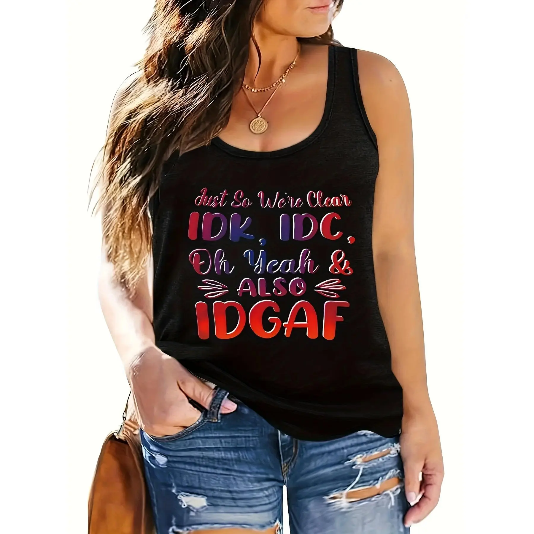 Women's Tank Top with Letter Applique, Casual Gradient Print Crew Neck Sleeveless Polyester Knit Top for Summer, Fabric, Round Neck, Vest, Elastane, Letters, Micro Elastic, Machine Wash, Graphic Letters