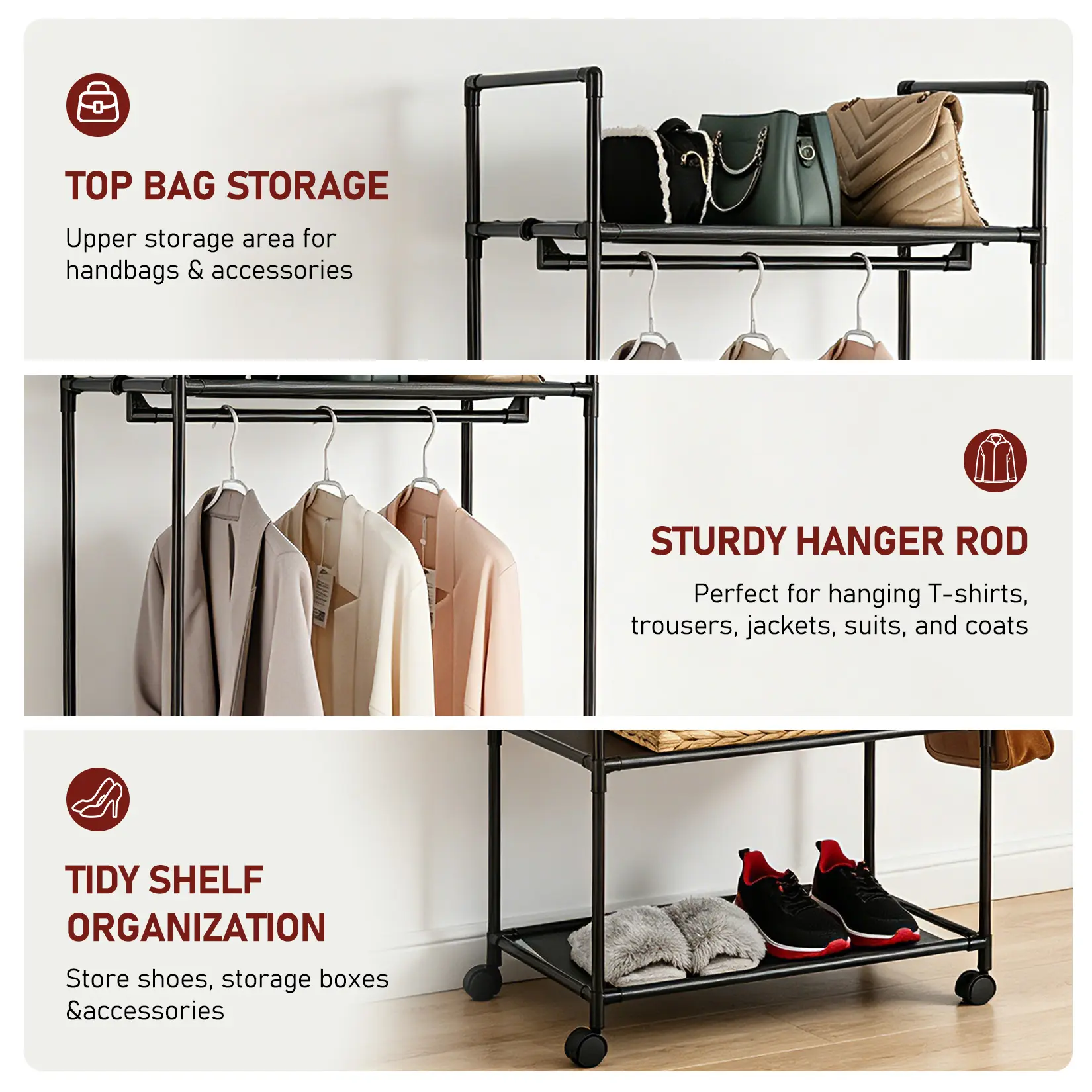 Garvee 3-in-1 Heavy-Duty Rolling Garment Rack, Carbon Steel Portable Closet Organizer - Hanging Rod - Top Bag Shelf - 2-Tier Shelves - Lockable Wheels