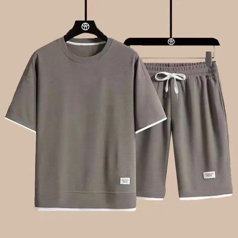 Kyn Apparel 2026 New Summer Men's Fashion Fashion Fashion Brand Casual Sports Set Round Neck Loose Short sleeved Shorts Waffle Two Piece Set