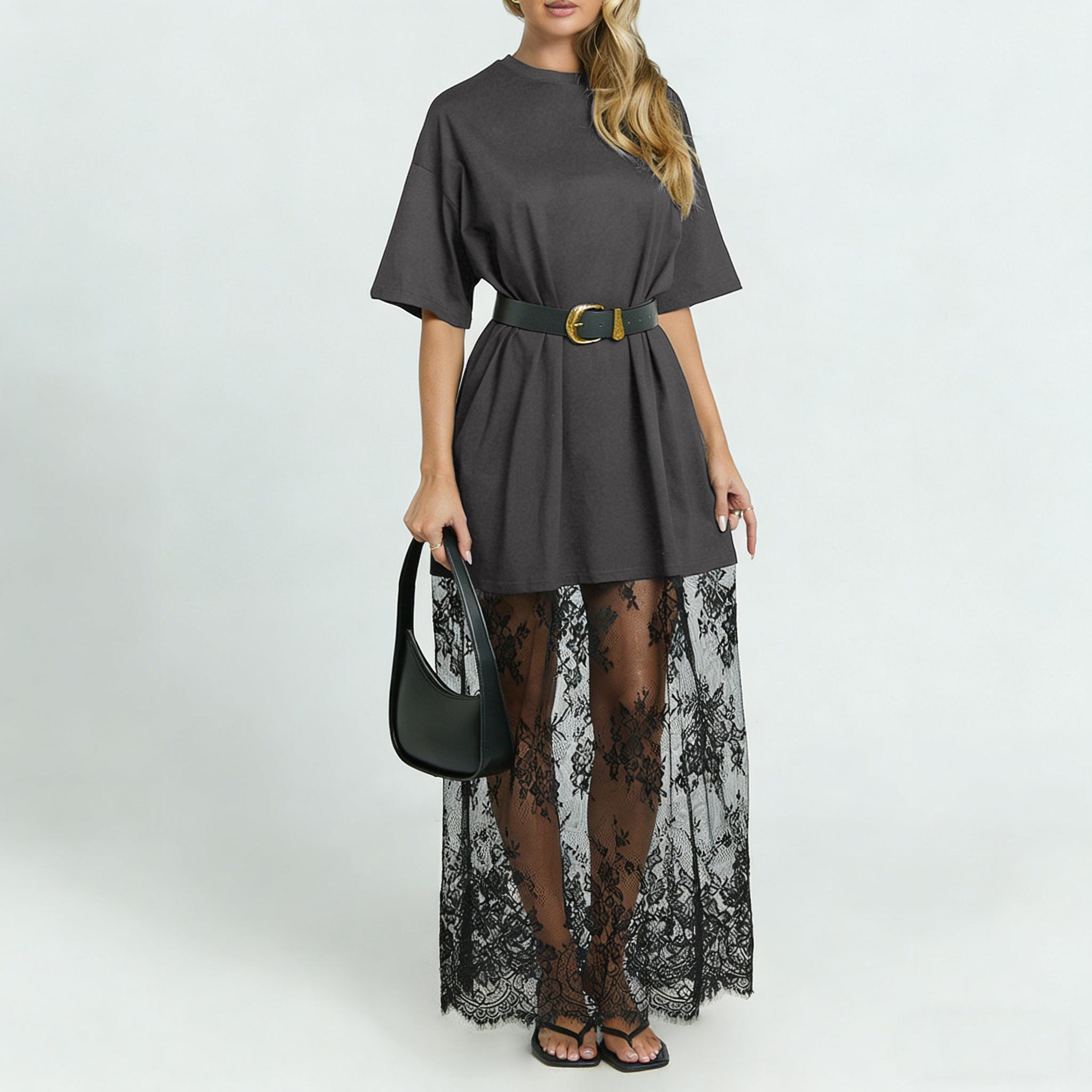 Women's Black Oversized T-Shirt Maxi Dress with Sheer Lace Hem Drop Shoulder Short Sleeve Perfect for Street Style...