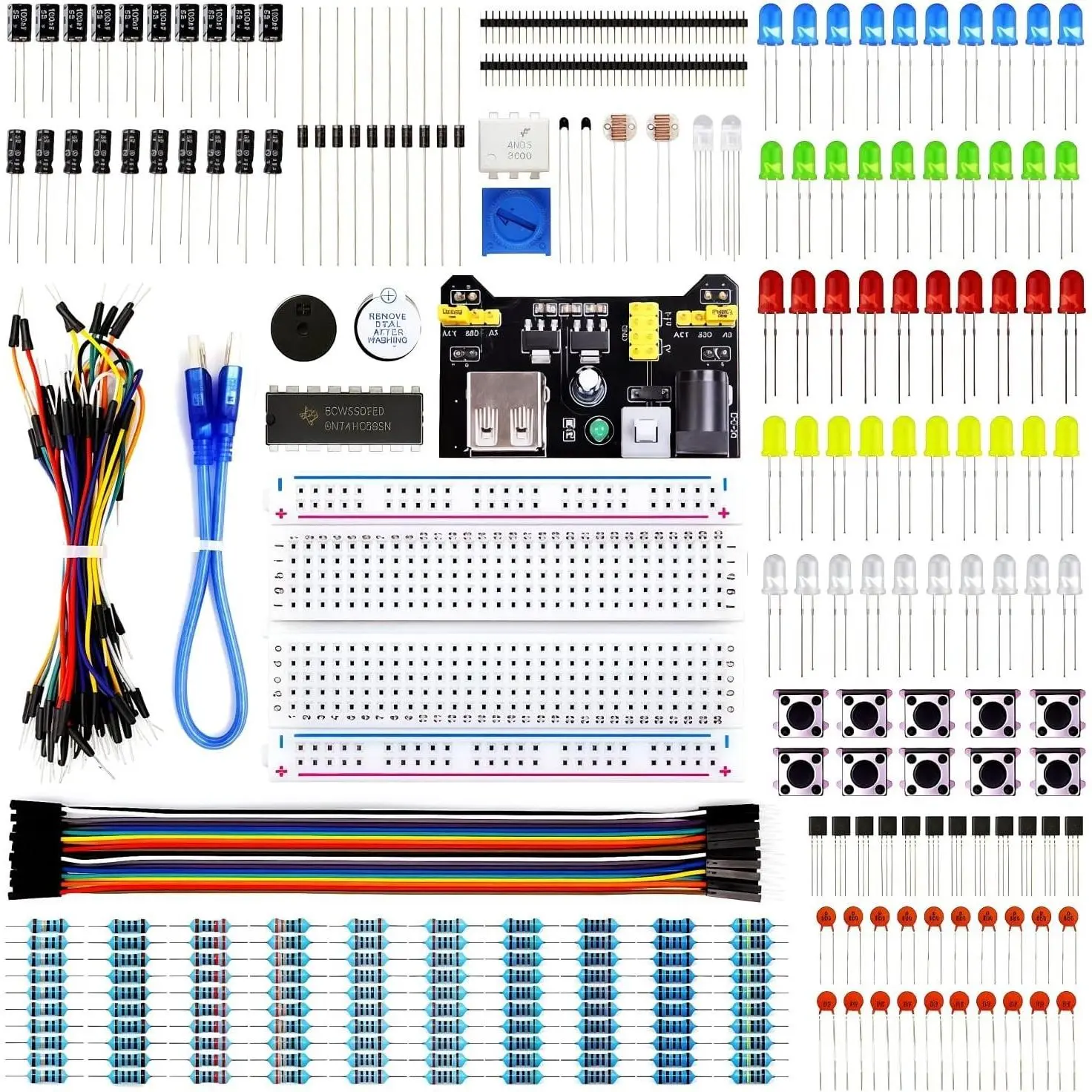 REXQualis Electronics Basic Kit w/Power Supply Module, Breadboard, Jumper Wire, LED,Resistor, comes with more than 300pcs sensors and components for fun and simple electronic projects.