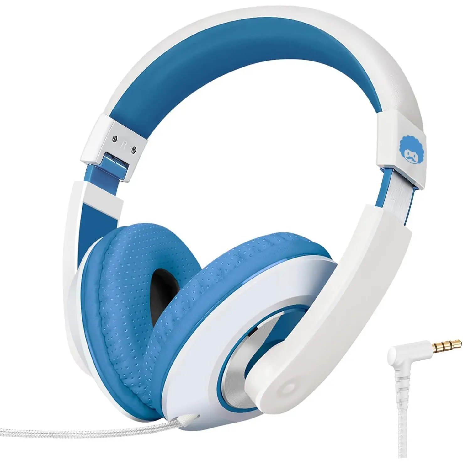Over-Ear Wired Cord Kids Headphones, Comfortable Stereo, Lightweight Foldable Portable Plastic Shell, Durable 3.5mm Plug, 4.9ft Cord for School, Airport Travel, Multi-Device Use, White/Blue Headset