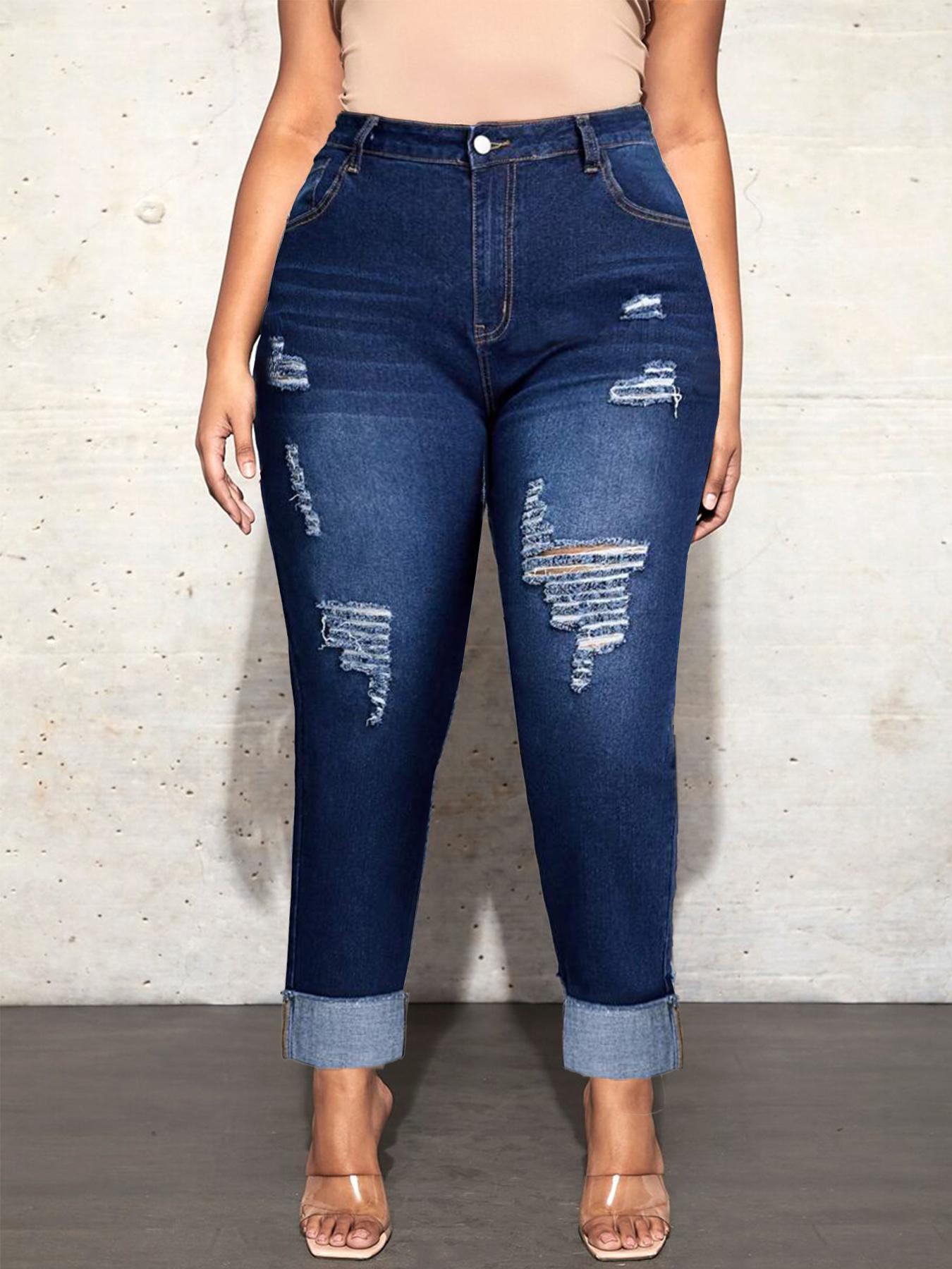 【Plus Size】 Solid Ripped Button Fly Skinny Jeans, Fashion Casual Pocket Design Denim Pants for Daily Outdoor Wear, Women Plus Clothing for All Seasons