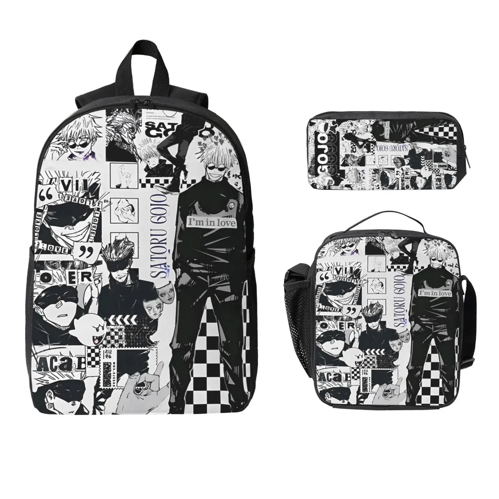 Jujutsu Kaisen Gojo Satoru Anime Print 3-Piece Synthetic Campus Backpack Set - Water-Repellent Oxford Knapsack with Lunch Box, Pencil Case, Adjustable Straps, Built-In Organizer, Cute Backpacks for Students (No Wheels, Bagpack Travel Compatible, 1 Size),,