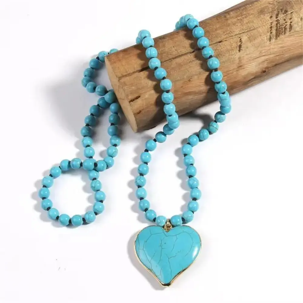 Women's Handcrafted Boho Vintage Long Layered Ethnic Necklace, 86-88cm Unisex Plain Turquoise Heart Beaded Pendant with Hypoallergenic Blue Gemstone, Coastal Statement Jewelry, Ideal Summer Beach Gift, Party, Female, Daily, Casual, Festival