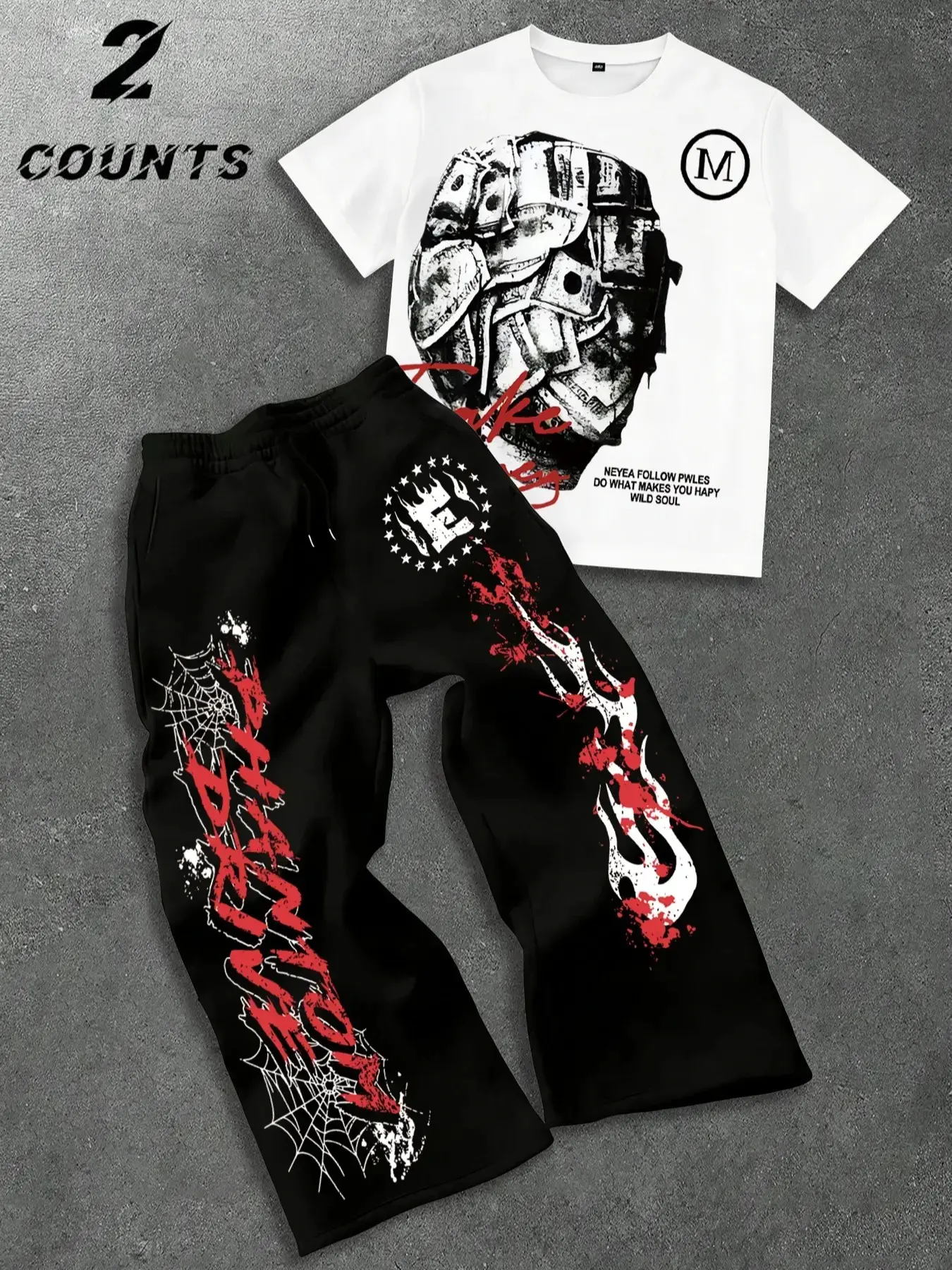 Men's Cracked Print Letter Short Sleeve and Wide Leg Pants Set, Match Style Set, Soft Breathable Loose Streetwear, Daily School Commute Couples Casual Wear