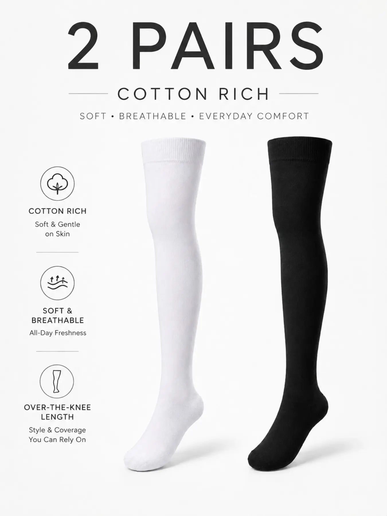 1 or 2 pairs, Use imported Australian cotton Women's Over-The-Knee Socks, Thigh High Socks, Stocking Socks, Preppy Style Comfortable Breathable Plain Socks for Daily Life, Lady Socks&Hosiery for All Seasons, Womenswear