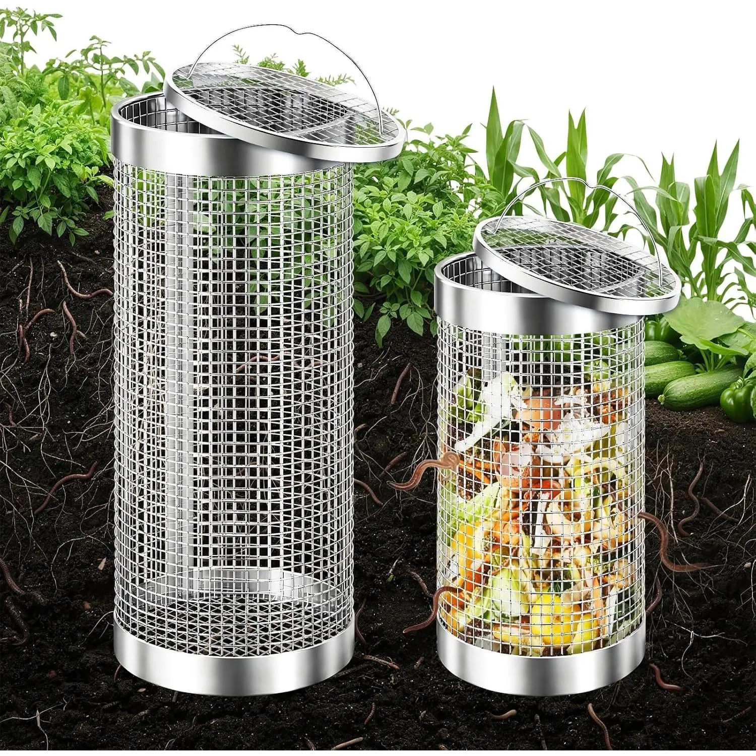2 Pack Worm Composter Worm Bin, Stainless Steel Inground Compost Bin with Handle, Metal Worm Composting System for Kitchen Food Waste Recycling, Outdoor Garden Vermicomposting Bin w/Lid, Easy Install