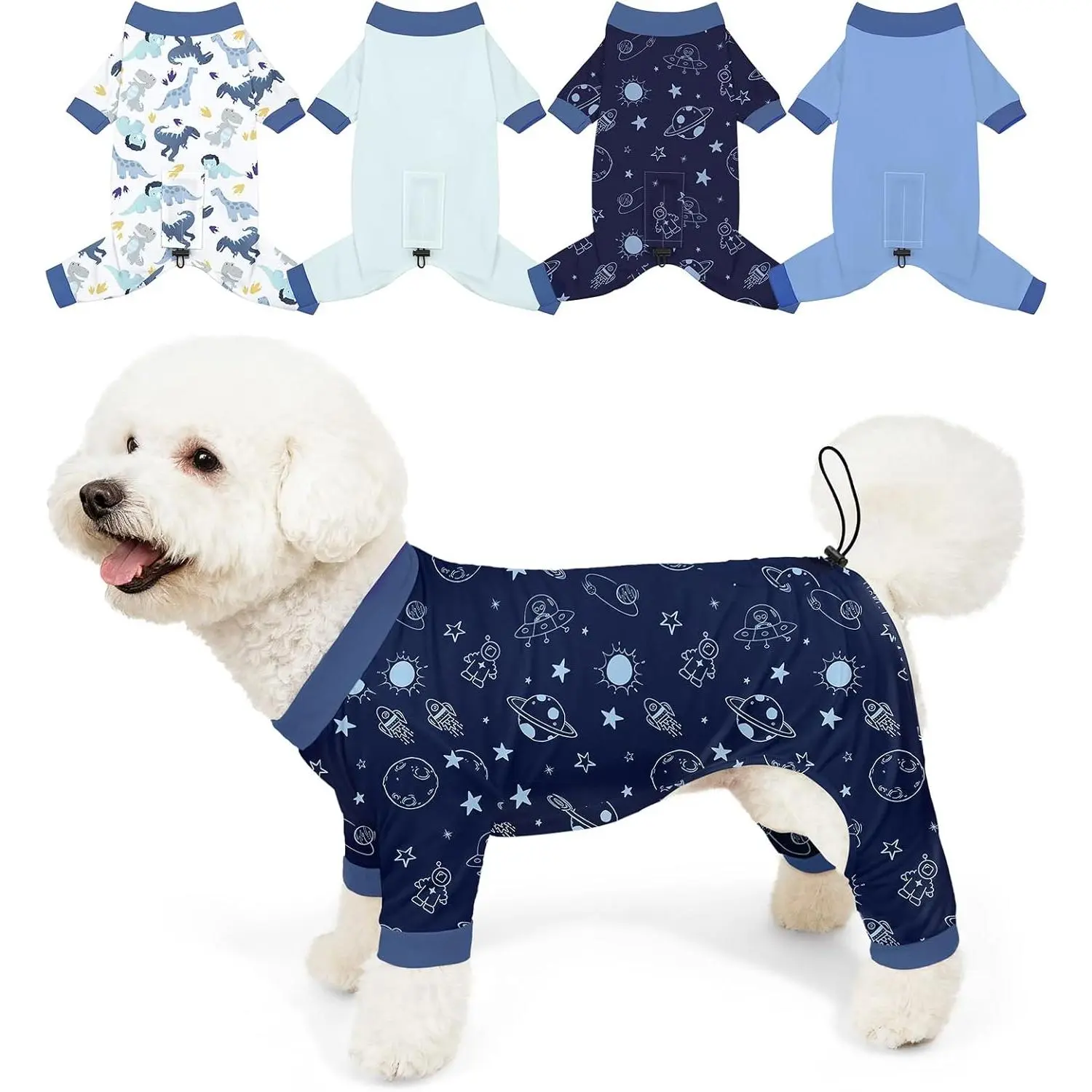 Dog Bodysuit 4-Pack - Cute, Soft, Elastic, Adjustable, Breathable, Stretchy Fit Polyester Spandex Pajamas with Heart Cartoon Graphic for Wound Protection, Daily Play (Small/Medium/Large Dogs)
