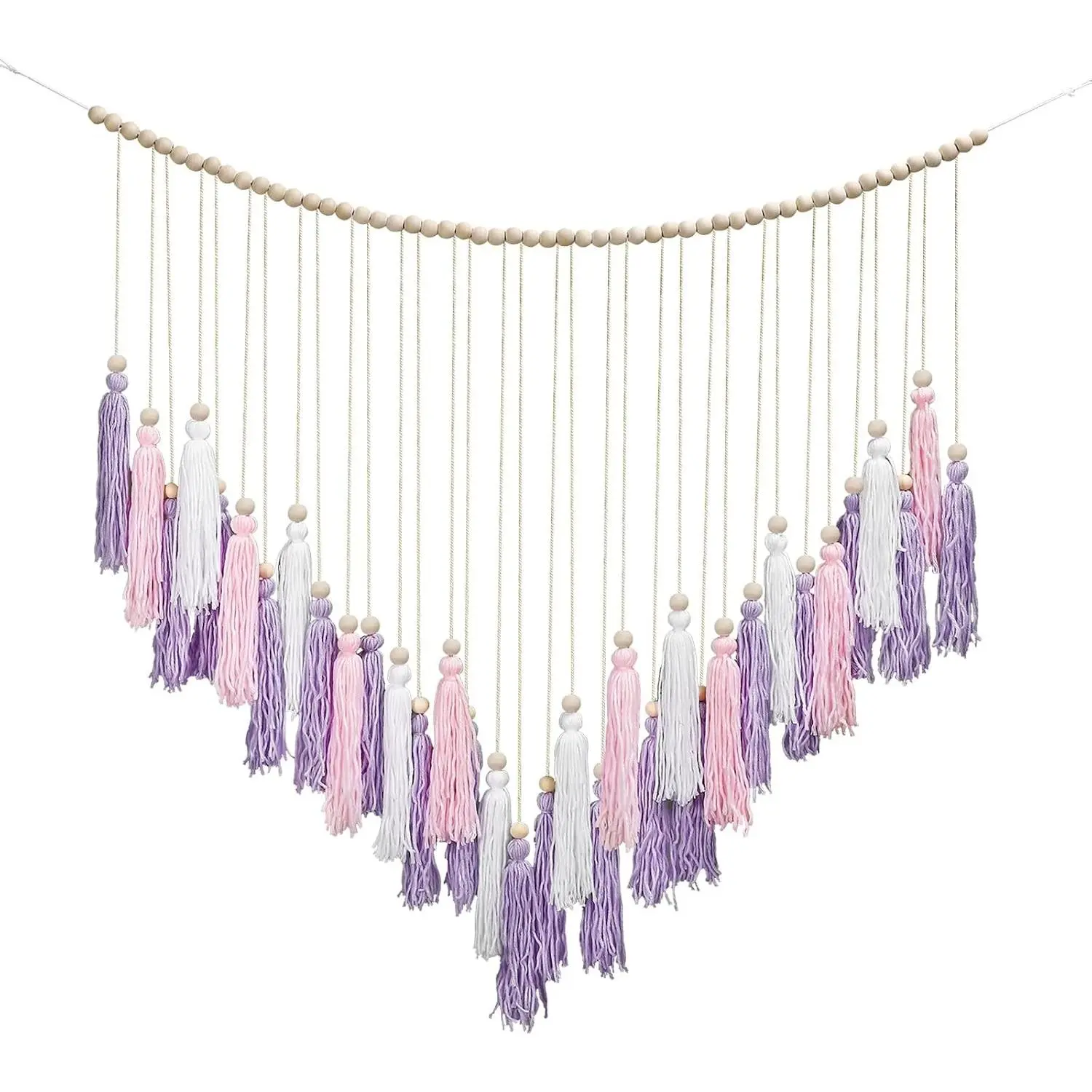 Luxbrand Pink & Purple Macrame Boho Wall Hanging Decor, Large Tassel Design with Wood Beads, 41"W x 32"H, Ideal for Bedroom Living Room Girls Room Nursery