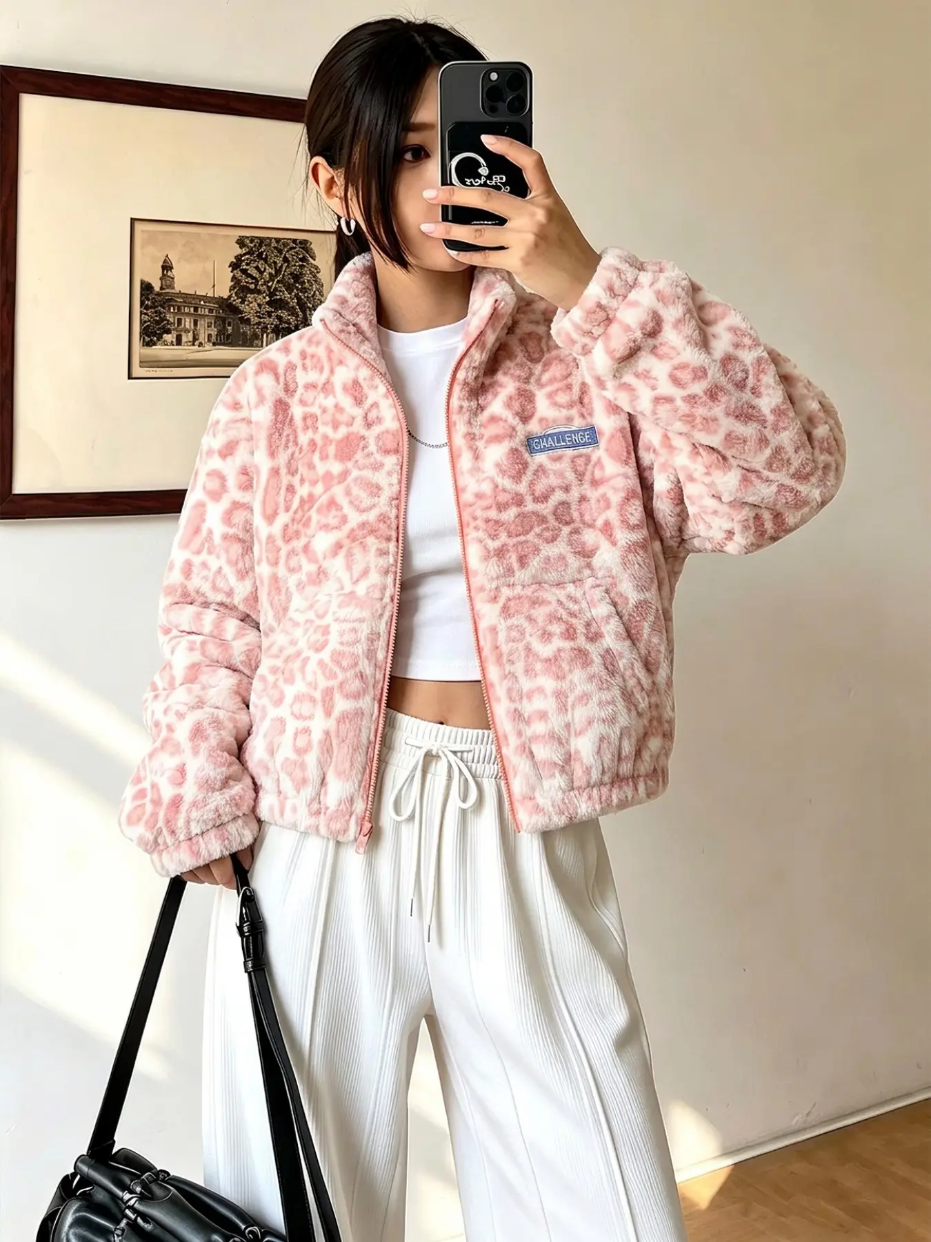 Women Cropped Zip Up Fleece Jacket, Pink Leopard Print Stand Collar Sherpa Coat, Vintage Y2K Aesthetic Fluffy Warm Outerwear With Pockets