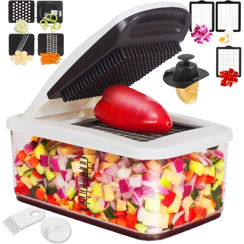 Vegetable Chopper, Extra Large Chopper Vegetable Cutter, Multifunctional 10-in-1 Pro Food Chopper - 6 Blades, 4 Vegetable Spiralizers, E-Recipes - Veggie Chopper with Container