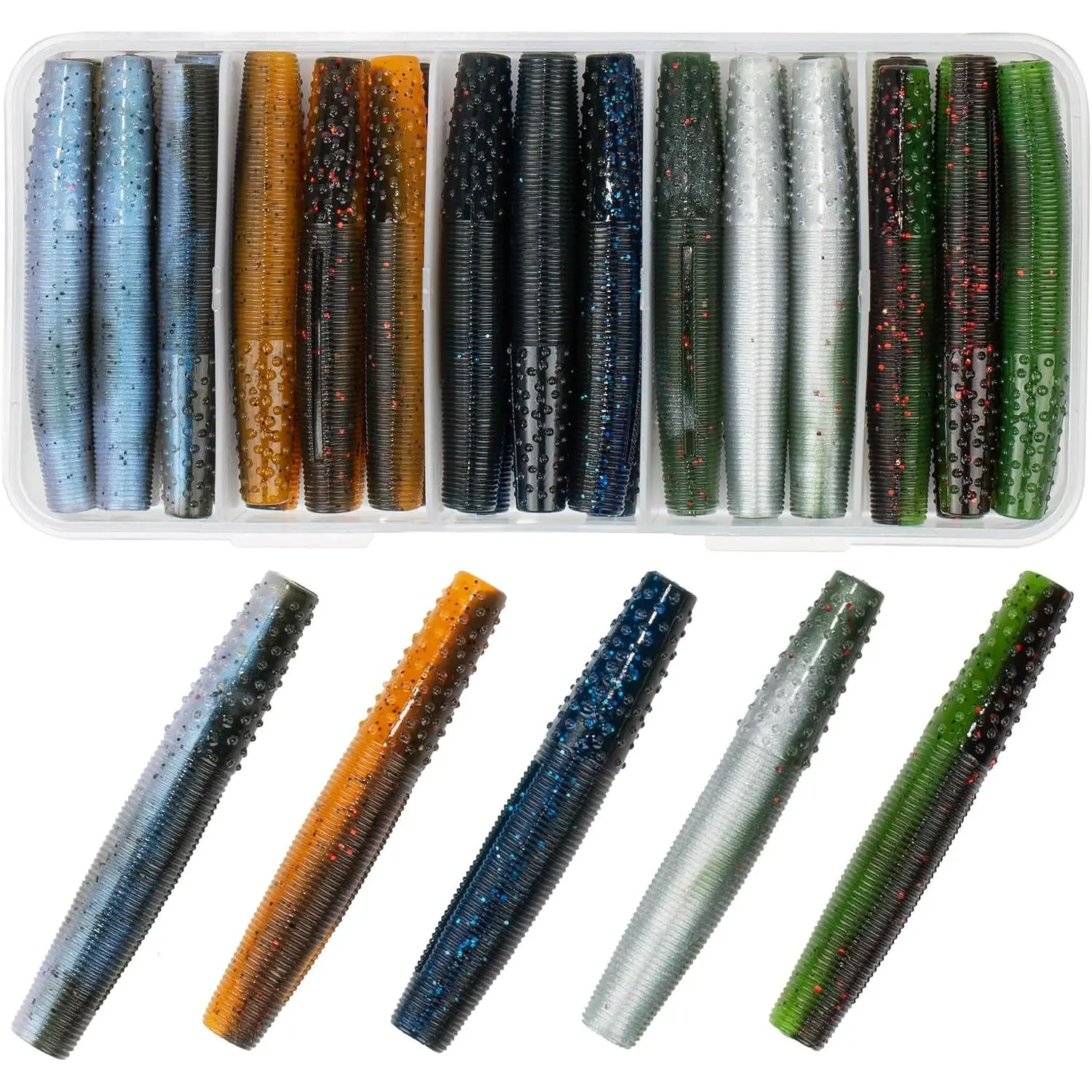 Soft Plastic Worm Fishing Lures Kit, Finesse  Stick Worms and Ned  Baits with Jig Heads for Bass Fishing, Freshwater Bass Soft Baits