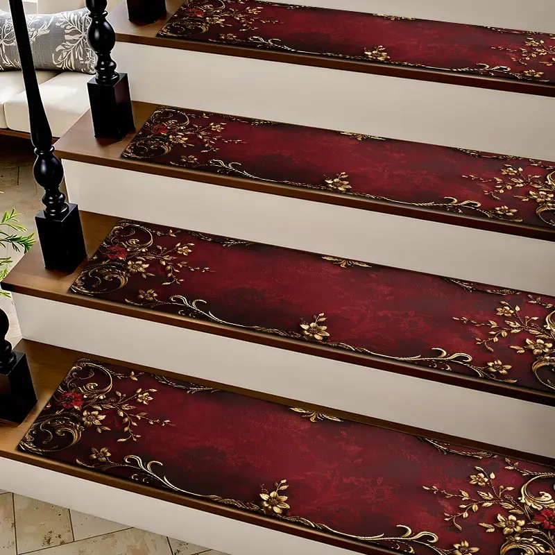6/8/15pcs Diatom Mud Stair Treads, Super Absorbent Non Slip Carpet Mats for Wood Steps, Quick Drying Moisture Wicking Stair Runners,Vintage Burgundy Red Golden Baroque Floral Anti Slip Washable Rugs for Dogs Kids Elderly