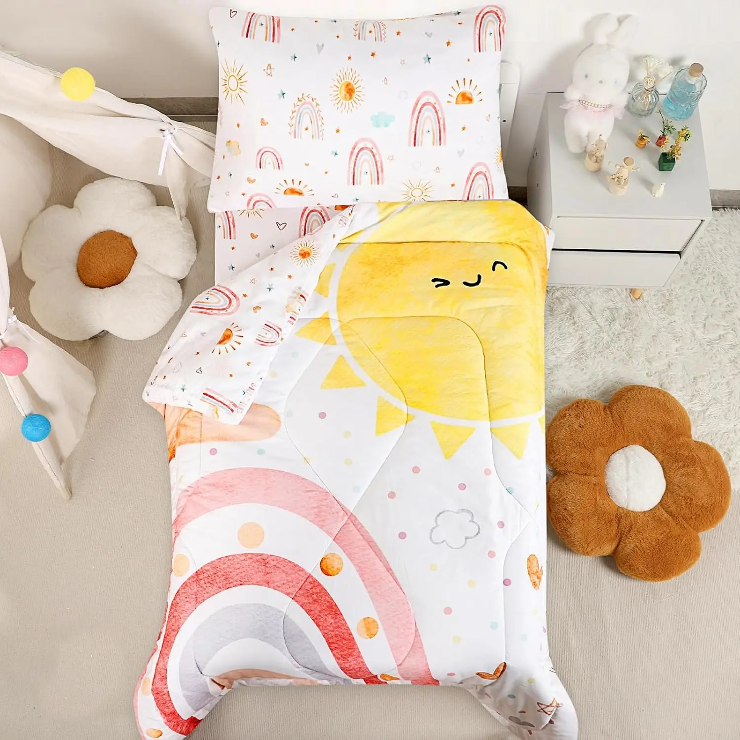 Toddler Bedding Set for Girls 4 Piece Pink Rainbow Toddler Girl Bedding Set Super Soft & Lightweight Toddler Comforter Set Includes Comforter, Flat Sheet, Fitted Sheet, Pillowcase