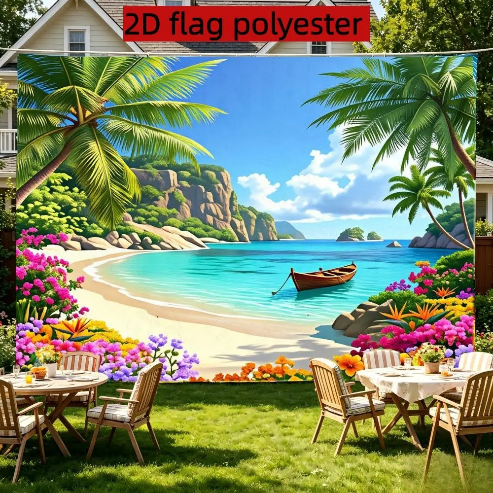 2D Flat banner 1pc Tropical Beach Themed Banner Coconut Tree Sailboat and Floral Elements Decor for Summer Party Arrangement, Vacation Style Background Decoration, Beach Themed Backdrop Polyester Indoor & Outdoor