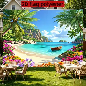 2D Flat banner 1pc Tropical Beach Themed Banner Coconut Tree Sailboat and Floral Elements Decor for Summer Party Arrangement, Vacation Style Background Decoration, Beach Themed Backdrop Polyester Indoor & Outdoor