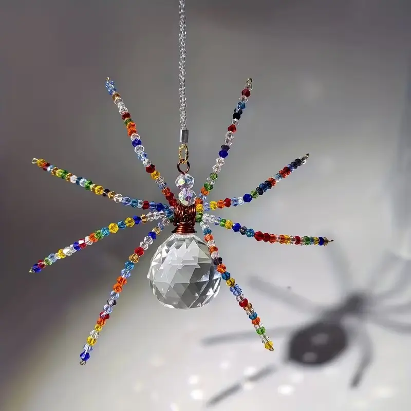 Handmade Crystal Spider Window Suncatcher, Beaded Prism Rainbow Maker, Witch Style Hanging Decor, Halloween Gift for Indoor Window, Home Decor