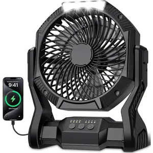 Portable rechargeable fan, supports LED lighting, features a hook design, has a 270-degree adjustable wind direction, 4-speed settings, and a 4-hour timer function.It is an essential device for outdoor camping, tent trips, and barbecues