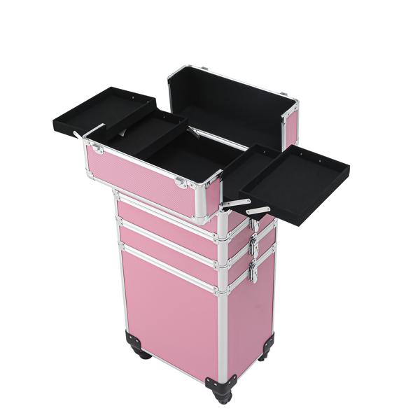 4 In 1 Aluminum Makeup Case Pink, Professional Cosmetic Storage Box for Makeup Tools Brushes and Accessories, Portable Beauty Organizer for Travel and Home Use