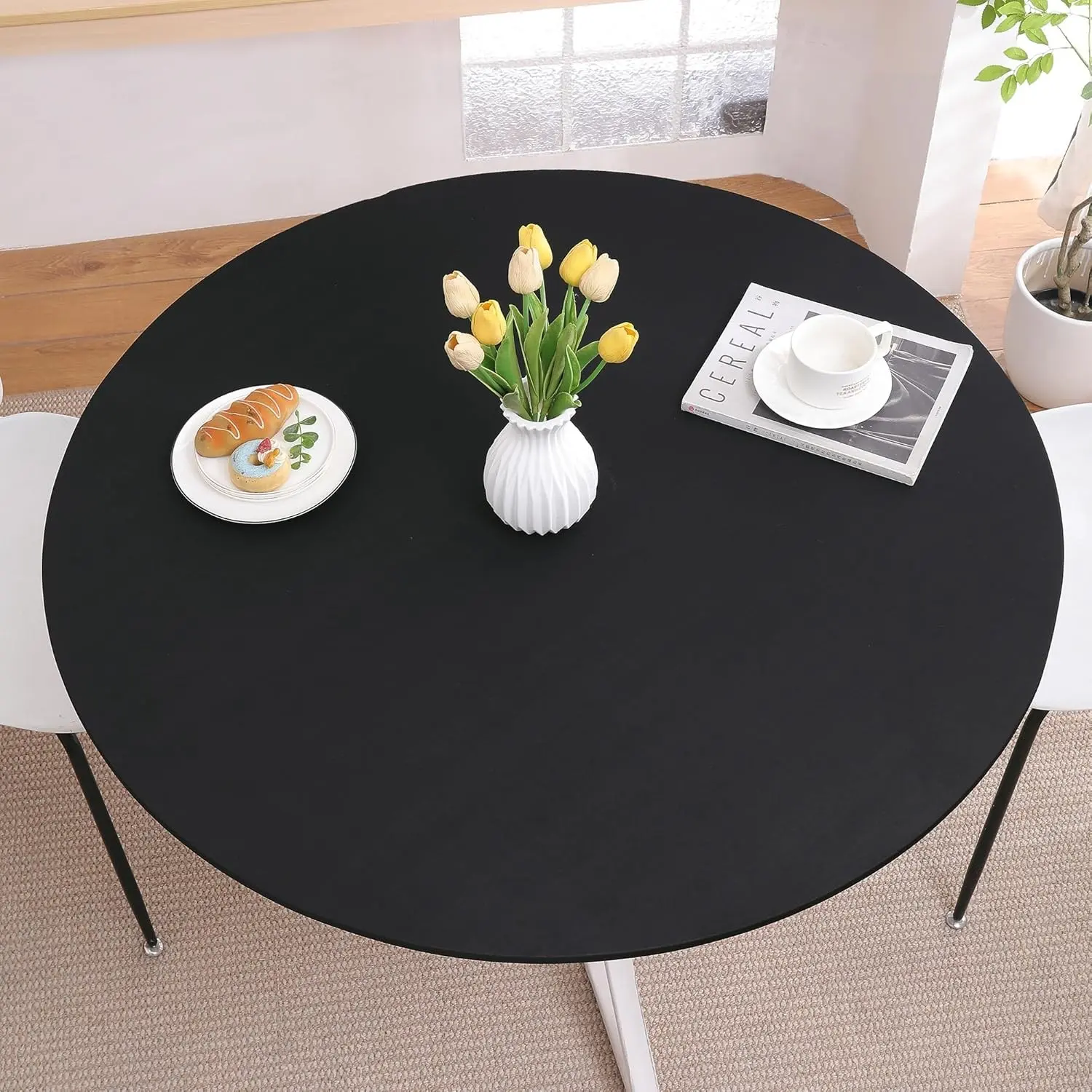 Round Tablecloth with Elastic, Fitted Table Cloths for 45"-56" Tables,Stretch Spandex Washable Picnic Table Cover for Camping, Dining,Party,Indoor and Outdoor, Black