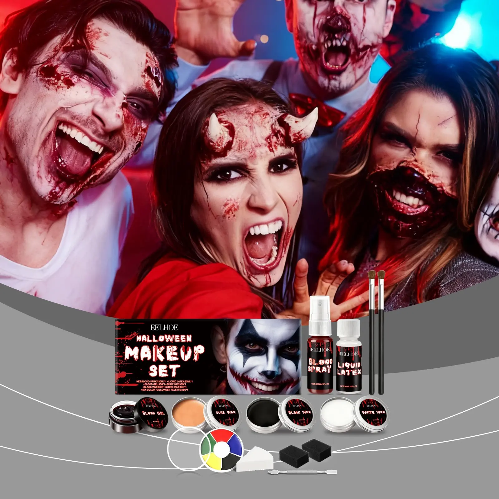 Halloween Makeup Kit Face Paint Set, Body Makeup, Professional SFX Makeup Kit with Blood Spray, Liquid Latex, Scar Wax, Color Palette for Halloween Costume Party, Horror Cosplay & Special Effects