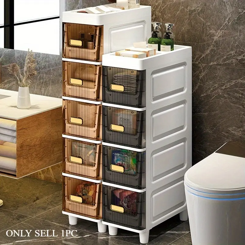 Luxury slim storage cabinet with drawers - made of durable and waterproof PP material, featuring multi-functional storage boxes, ideal for bathrooms, kitchens, and personal care product dispensers. Suitable for small spaces, with storage drawer units