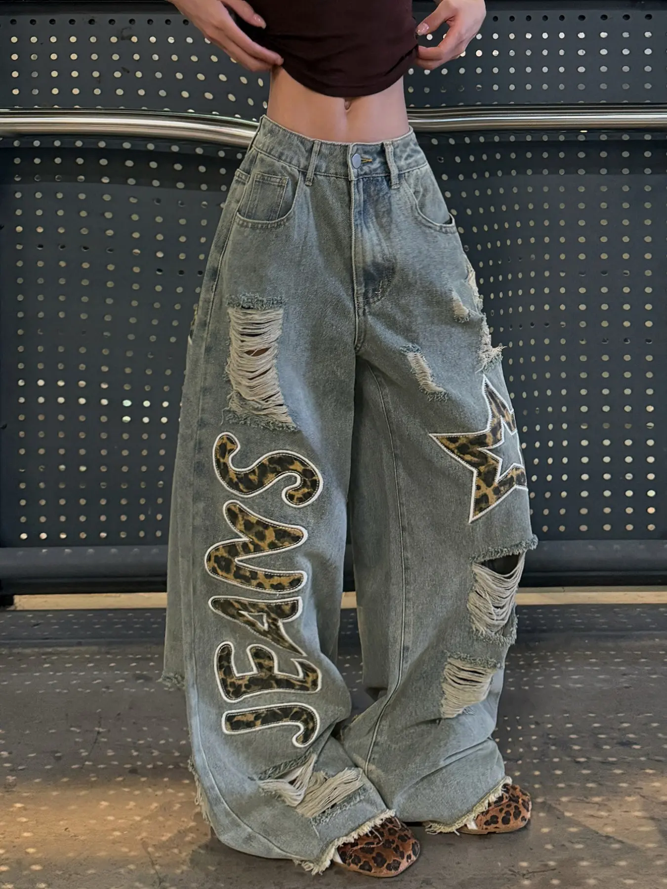 Women's Vintage Washed Denim Jeans, Large Rips Leopard Print Patchwork Letter Embroidery, Y2K Street Fashion Loose Fit Long Jeans
