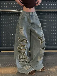 Women's Vintage Washed Denim Jeans, Large Rips Leopard Print Patchwork Letter Embroidery, Y2K Street Fashion Loose Long Jeans