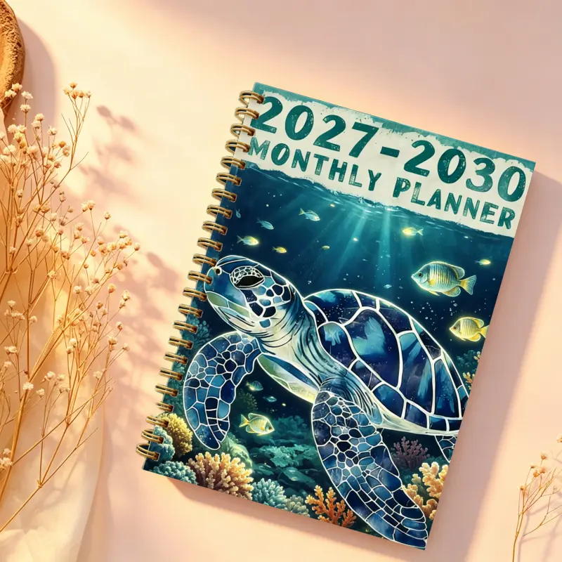2027-2030 Monthly Custom Calendar - January 2027 to December 2030, four-year monthly subscription, colorful turtle-themed cover design diary, annual calendar plan, month labels, 48-month calendar, 13.97 x 21.08 cm thick paper, elastic cover.
