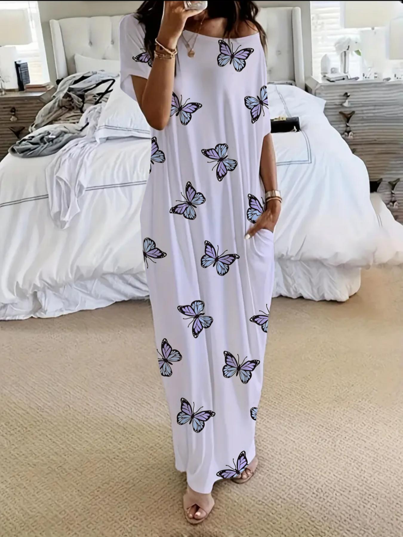 Women's Butterfly/Star Print Pocket Round Neck Nightdress, Casual Soft Comfortable Short Sleeve Nightgown for All Seasons, Lady's Sleepwear for Indoor Wear, Sleepwear Dresses