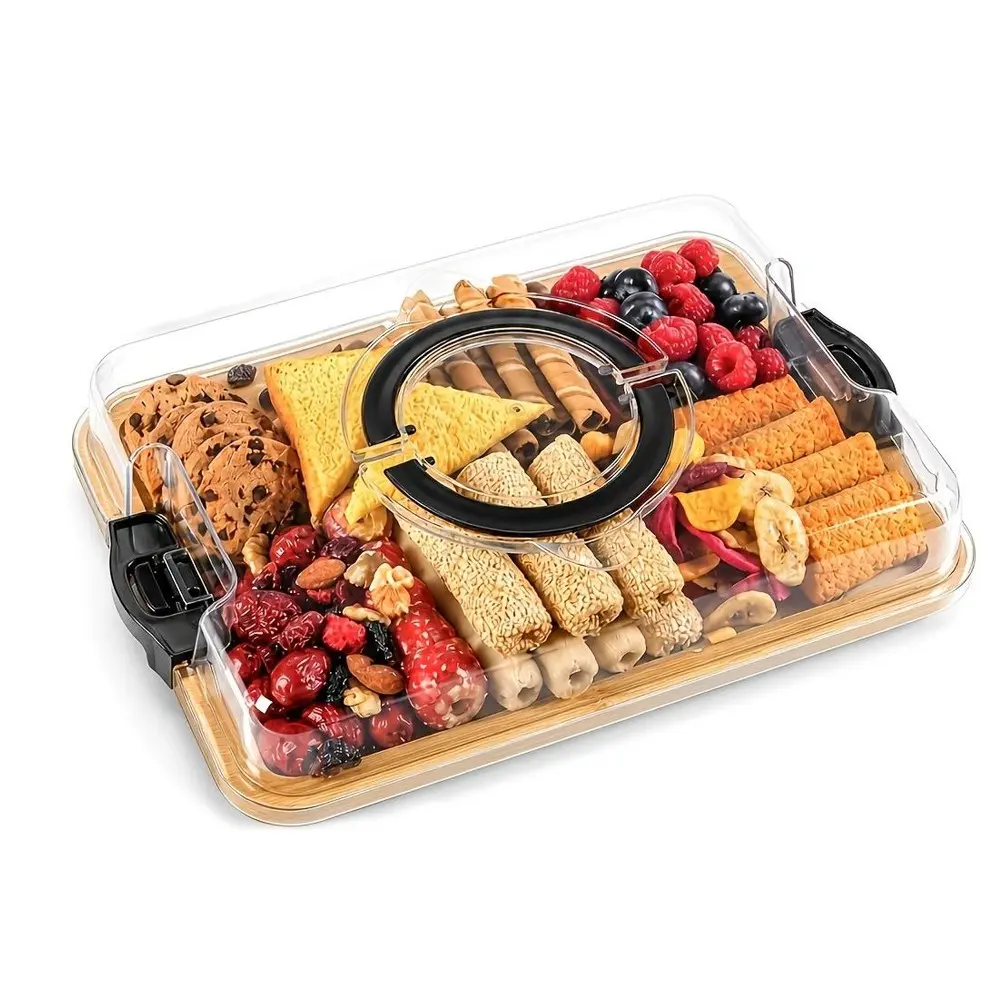 Bamboo Snack Tray with Clear Lid, 5-Section Charcuterie Board, Double-Sided Serving Platter for Cheese, Fruit, Crackers, Picnic, Party, Camping & Home Kitchen, Cream Cheese Platter, Food Trays