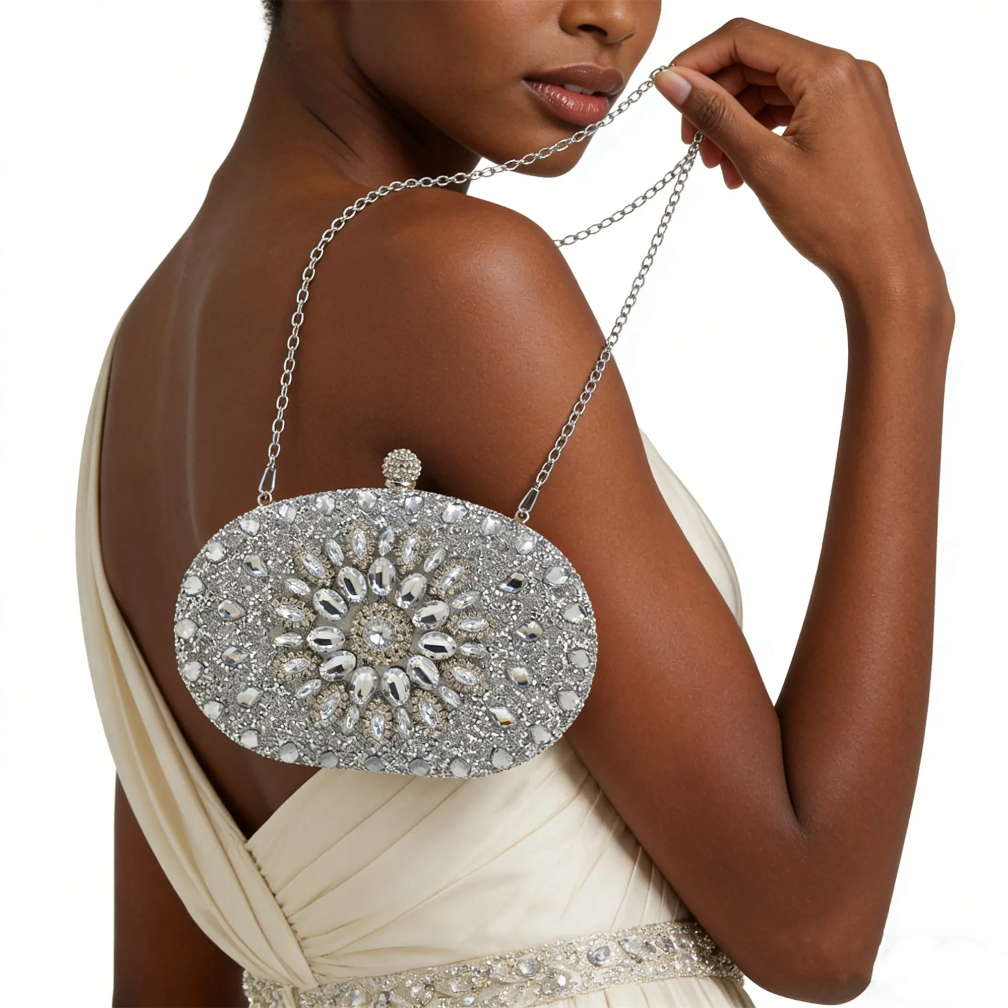 Luxury Crystal-Encrusted Women's Clutch with Circular Rhinestone Design, Phone & Wallet Compartments, Perfect for Weddings & Gifting