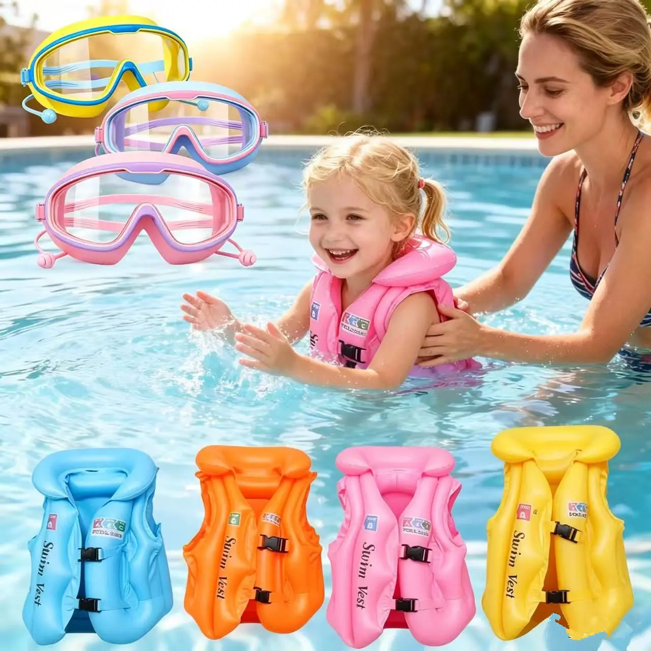 Unisex Kids PVC Inflatable Flotation Vest - Swimming Accessories, Pool Safety Training Equipment, Multi-Size, Adjustable Fit, Thick, 3 Air Chambers, 2 Adjustable Buckles, Quick Release, Easy to Wear, with Free Gift
