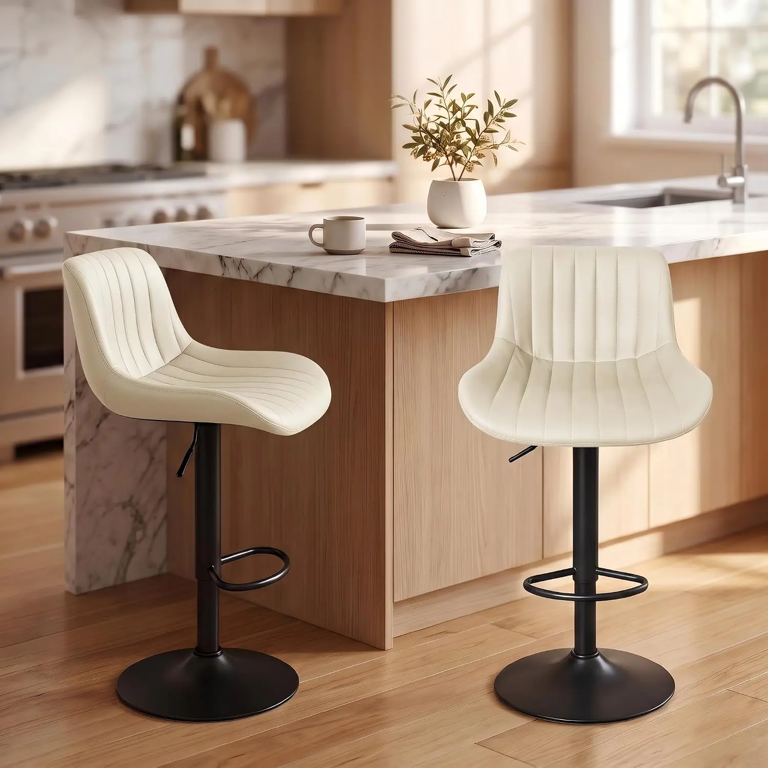 Leather & Metal Modern Bar Stools Set of 2, 360° Swivel Adjustable Counter Height Chairs with Height Range 22.4"-31.1", Round Seat, Without Arms, Khaki, 17.7" Base, 300lbs Capacity, for Kitchen Island Home Bar Furniture