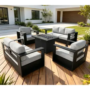 [4/5 Packages Shipping]LayinSun Oversized Aluminum Outdoor Furniture Set, Patio Sofa Sets with 44 inchs Fire Pit Table, Deep Seating and Upgraded 6-inch Cushions for Porch, Balcony, Deck