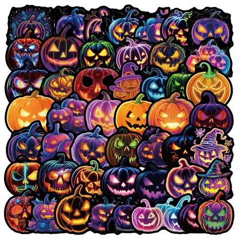 50Pcs Neon Halloween Pumpkin Stickers, Sticker Packs, Aesthetic Spooky Dark Decor, Planner Accessories, Daily Office Products for Water Bottle, Laptop, Travel Luggage