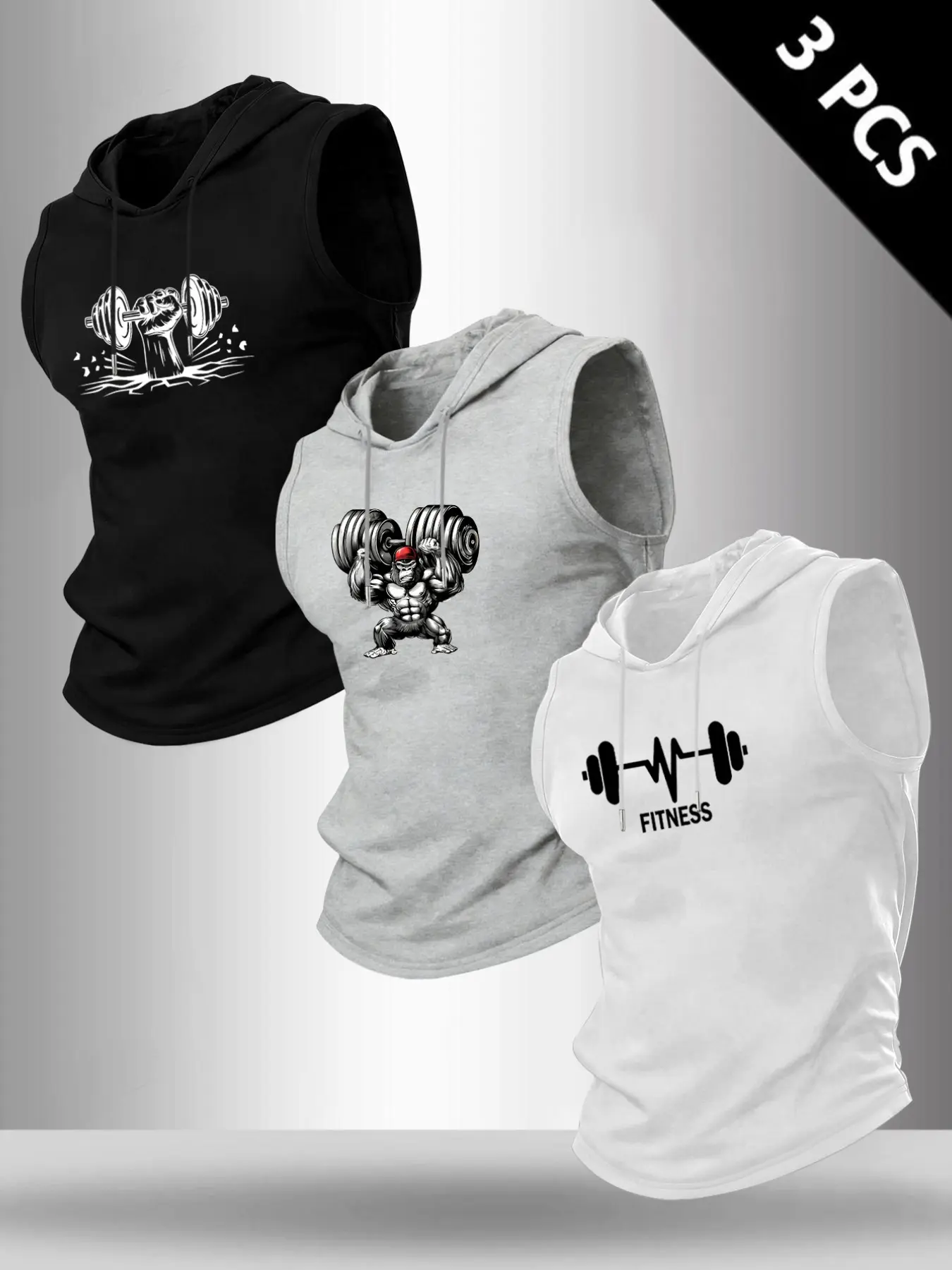 Men Drawstring Hooded Sleeveless Tank Top, Dumbbell Gorilla Fitness Heartbeat Graphic Print Breathable Loose Athletic Vest For Gym Weight Lifting Workout Daily Street Sportswear #HoodedGymVest #FitnessTankTop #WeightliftingSleeveless #TikTokMadeMeBuyIt