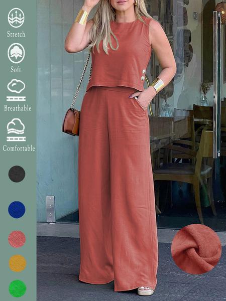 Women's Elegant Solid Color Loose Sleeveless Round Neck Wide Leg Pants Set 2pcs, Comfortable Summer Casual with Pockets for All Seasons, Stylish Set for Holiday & Daily Wear