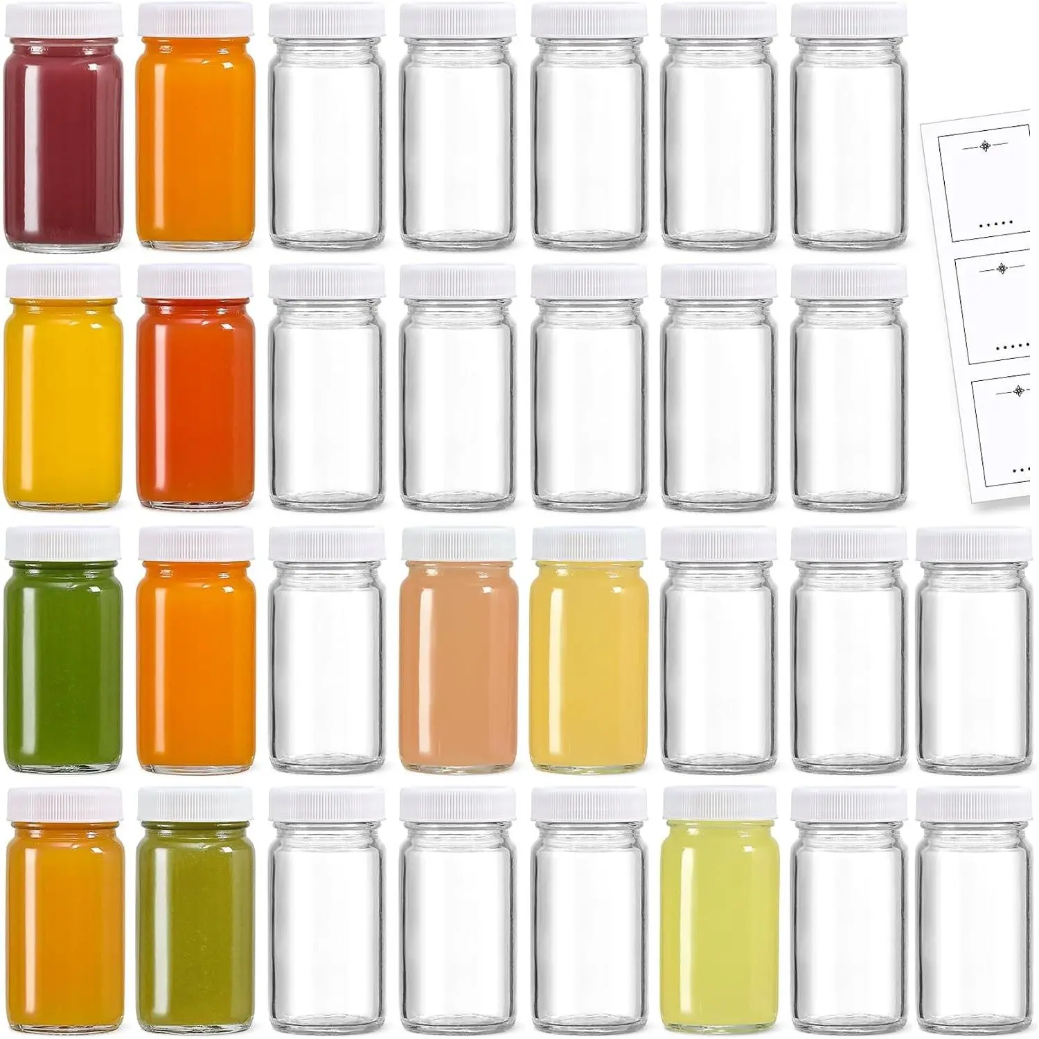 30 Pack 2 oz Clear Glass Shot Bottles with White Lids & 30 Labels - Small Jars for Ginger, Wellness Shots, Juice, Samples, Whiskey - Travel Essentials Mini Bottles - Wide Mouth, Leakproof, Dishwasher SafeGift