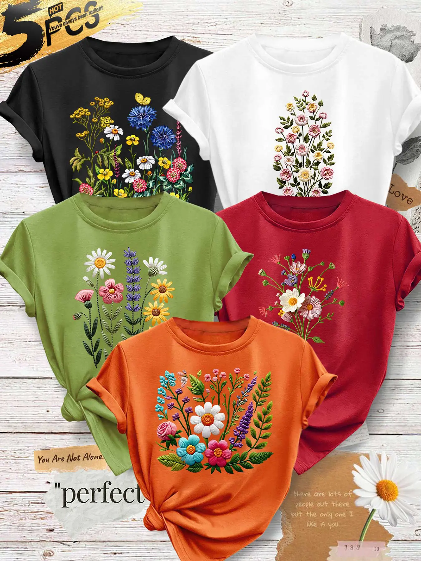 5Pcs Women Crew Neck T‑Shirts,Rural Style Floral Print Pattern,Multi‑color Optional,Machine Washable,Spring Summer Tops,Soft Skin‑Friendly Fabric,Daily Use,Fashion Design,Daily Versatile Women Tees
