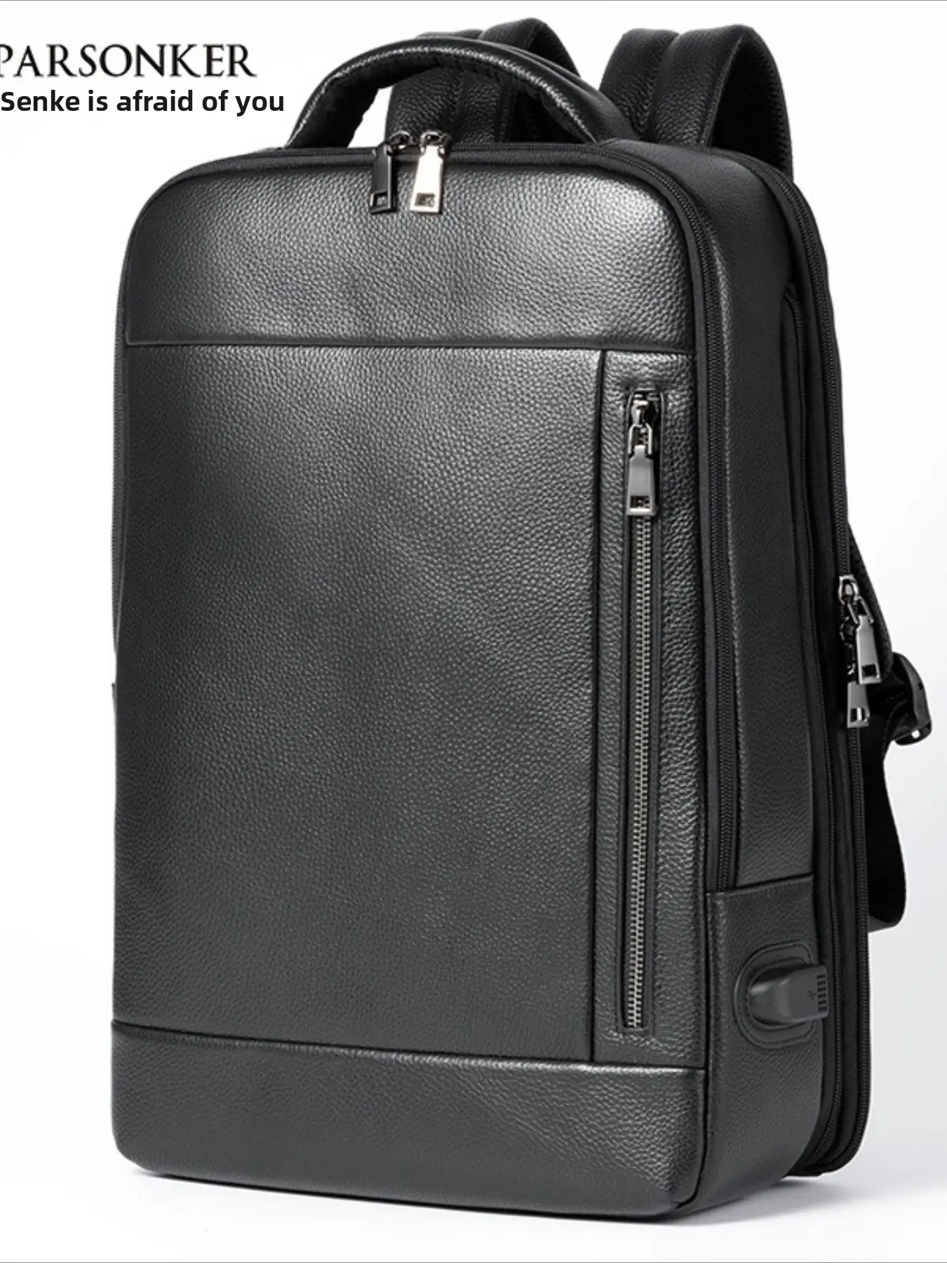 Simple men's leather backpack, business fashion large-capacity computer backpack, lychee pattern USB backpack in stock.
