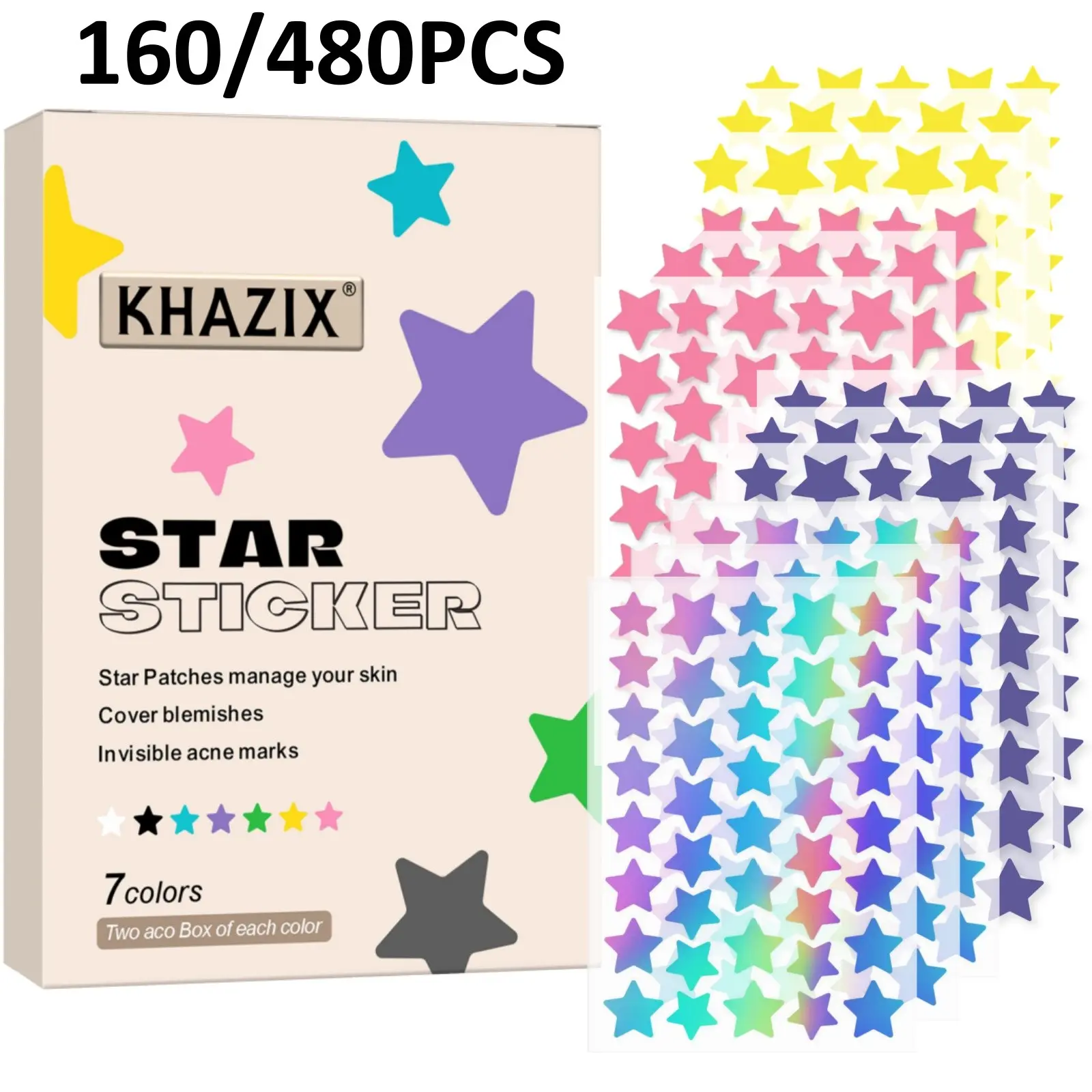 160/480 Star Acne Patches, 4 Colors, Star Pimple Patches, Face Use, Ultra-Thin Breathable, Transparent Odorless, Gentle Safe, Suitable for All Light Skin Tones