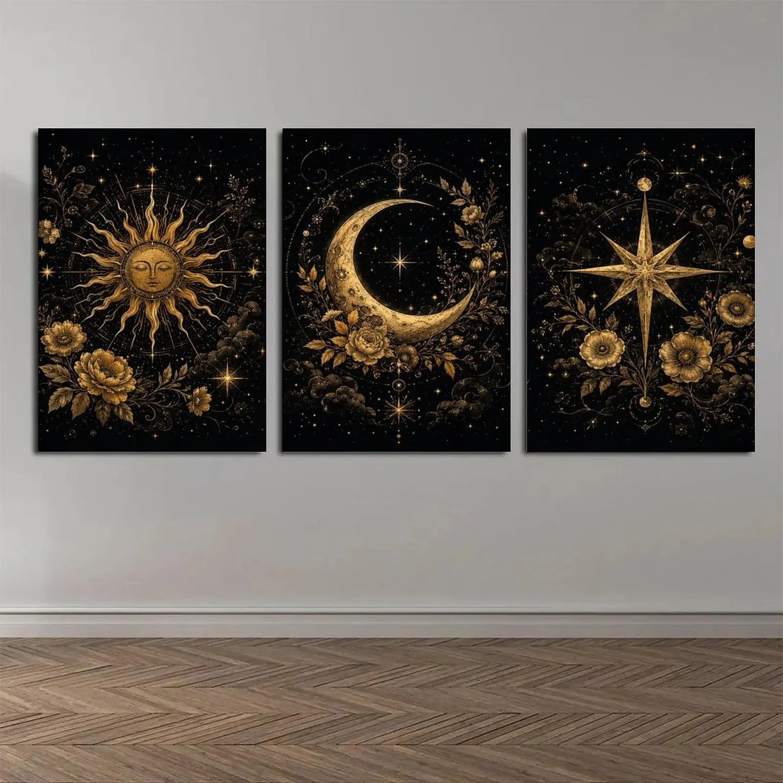 3Pcs Black Gold Celestial Sun Moon Star Canvas Decor Poster Prints, Vintage Floral Astrology Wall Art, Dark Aesthetic Decor, Available as Unframed Canvas Poster or Framed Canvas Wrap